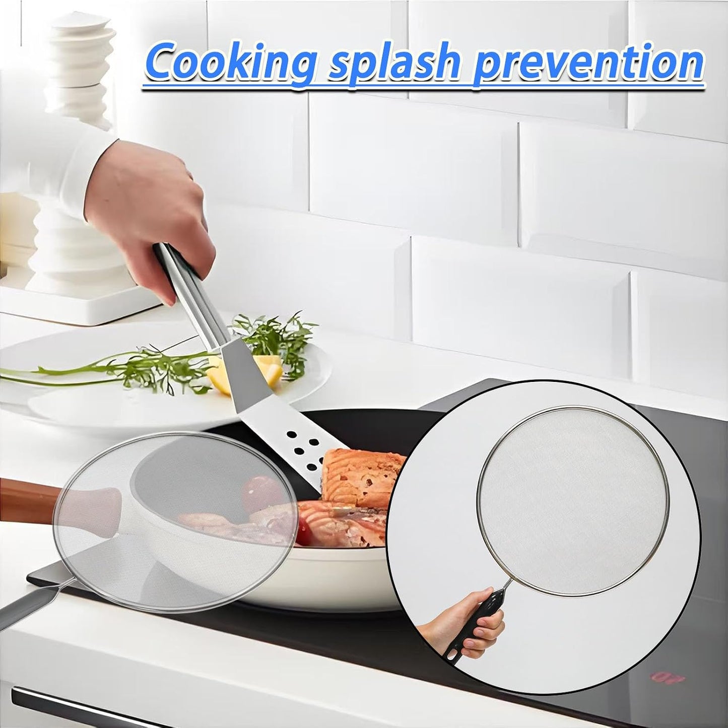 3 Pcs Splatter Screen for Frying Pan with Silicone Handle (9.8", 11.4", 13"), Stainless Steel Grease Splatter Guard for Kitchen Frying Pan Cooking to Prevent Oil Splatters