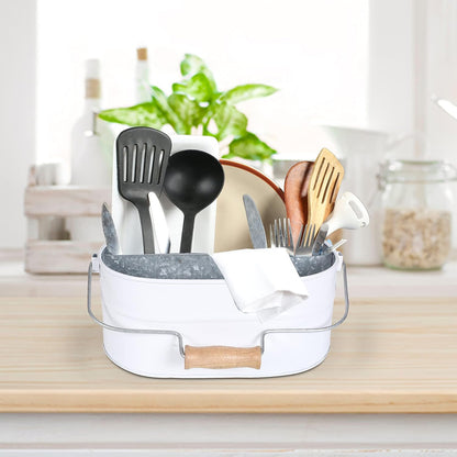 Light & Pro Multipurpose Galvanized Rustic Farmhouse Caddy - Metal 4 Compartment Storage Bin Caddy With Wooden Handle Perfect For Kitchen Utensils, Picnic, Garden Planter - Hammered - Antique Grey