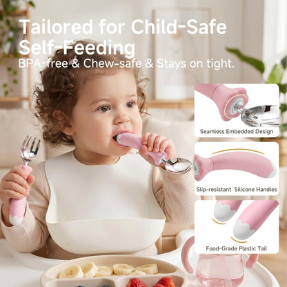 KINGSTONE Toddler Utensils with Case, Kids Silverware Set with Silicone Handles, 18/10 Stainless Steel Children Safe Forks and Spoons, Travel Carrying Cases BPA Free, Dishwasher Safe (blue)