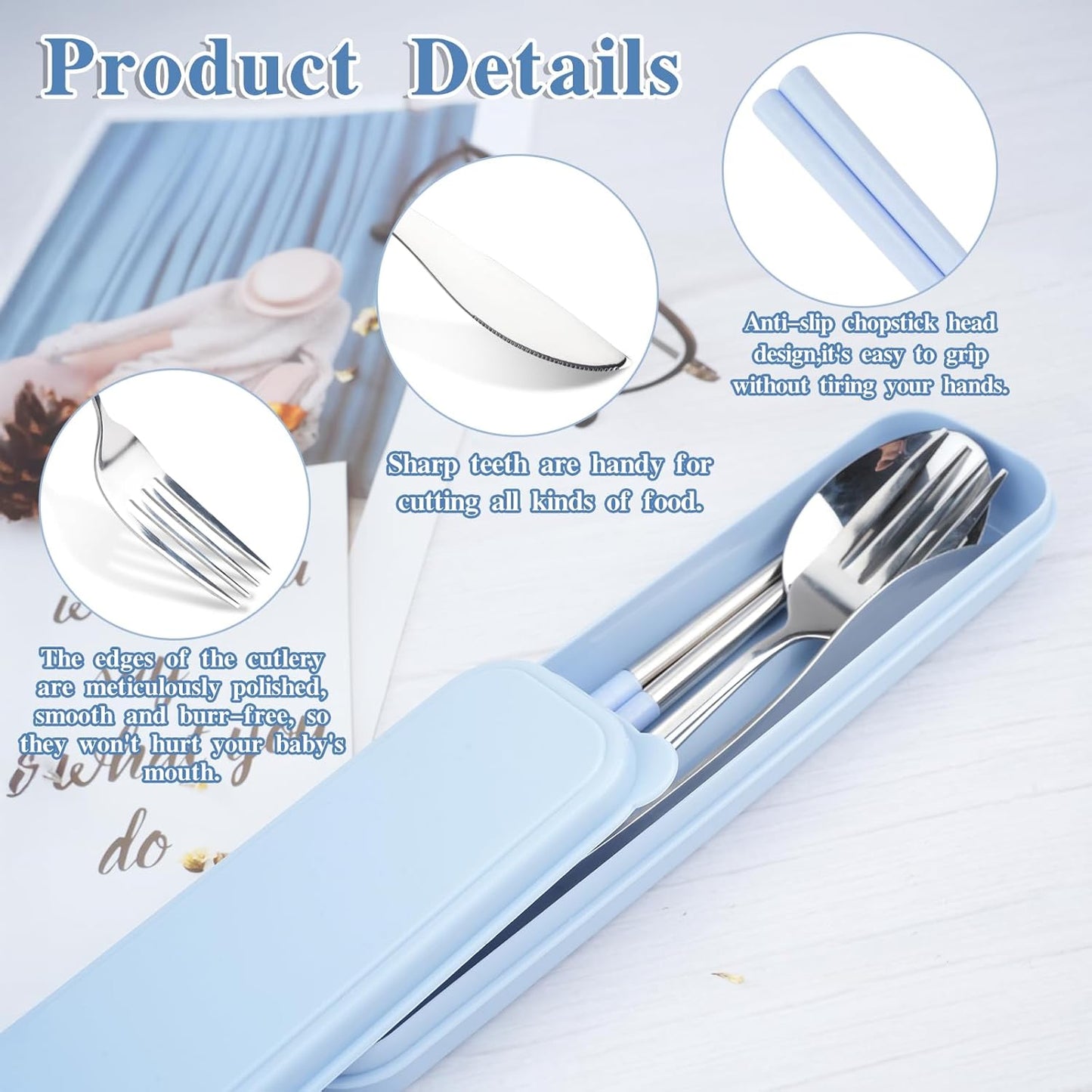 JEPELUS 2 Pcs Travel Utensils with Case, Reusable Lunch Box Silverware Set, Stainless Steel Portable Cutlery Set Fork Spoon Knife Chopsticks Flatware for Work Camping Office School Picnic Adult Kid