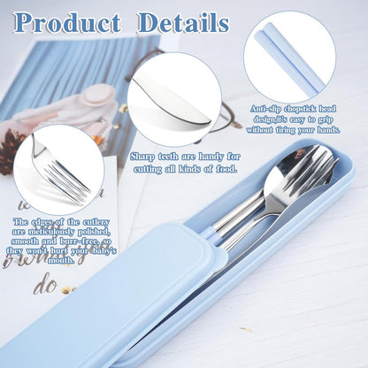 JEPELUS 2 Pcs Travel Utensils with Case, Reusable Lunch Box Silverware Set, Stainless Steel Portable Cutlery Set Fork Spoon Knife Chopsticks Flatware for Work Camping Office School Picnic Adult Kid