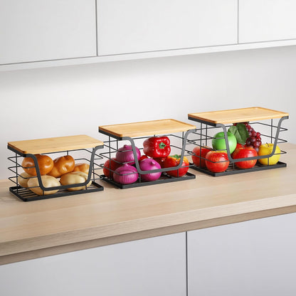 ALOCEO 2 Pack Stackable Wire Storage Basket with Bamboo Lid, Trash Bag Dispenser Under Sink for 4-13 Gal Bags, Kitchen Storage Bins for Potato and Onion, Brown