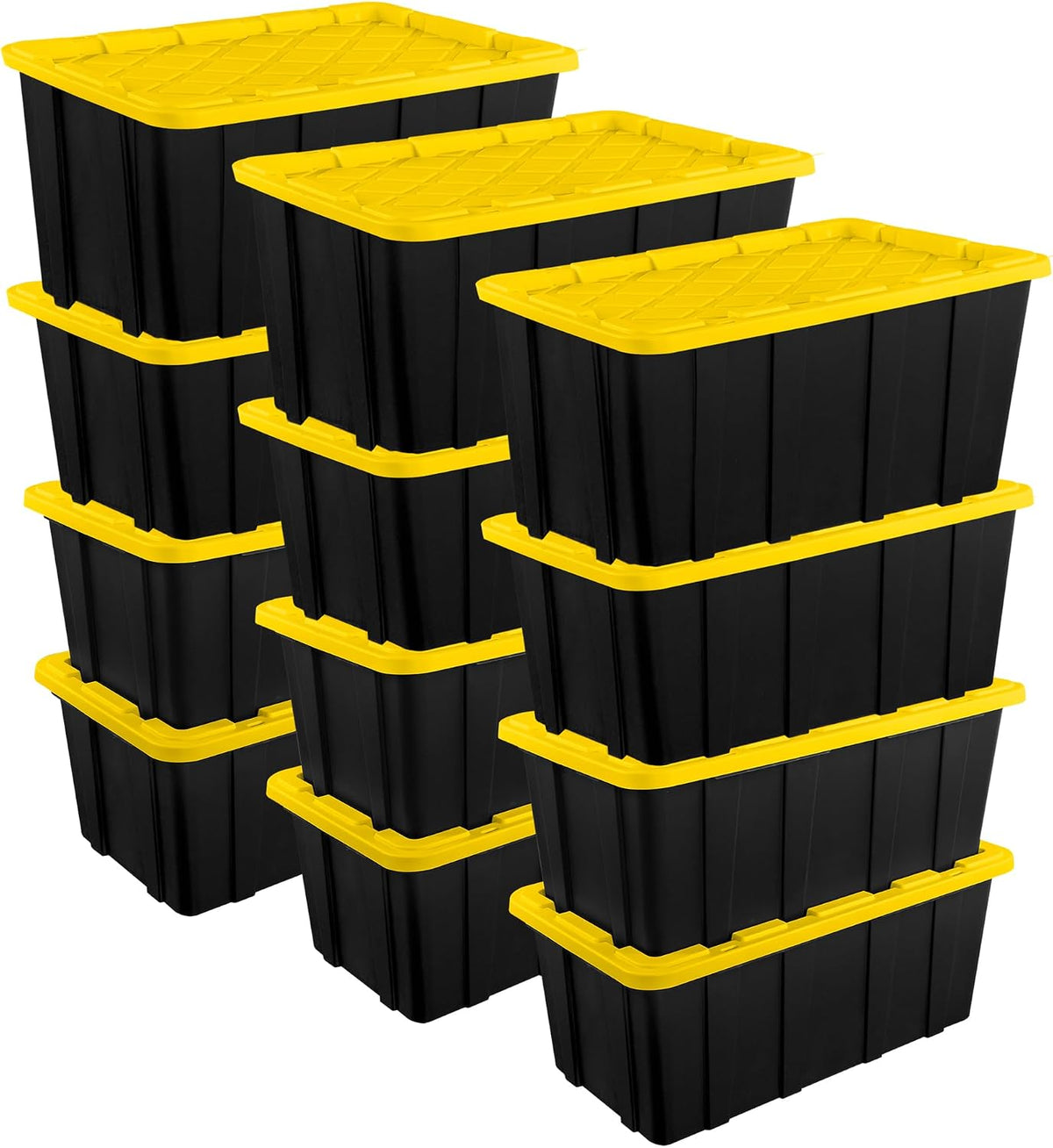 Sterilite 4-Pack 27 Gallon Industrial Storage Tote, Heavy-Duty Plastic Bins, Black/Yellow - Stackable Utility Organizers with Lids for Garage, Camping Tools, and Outdoor Gear