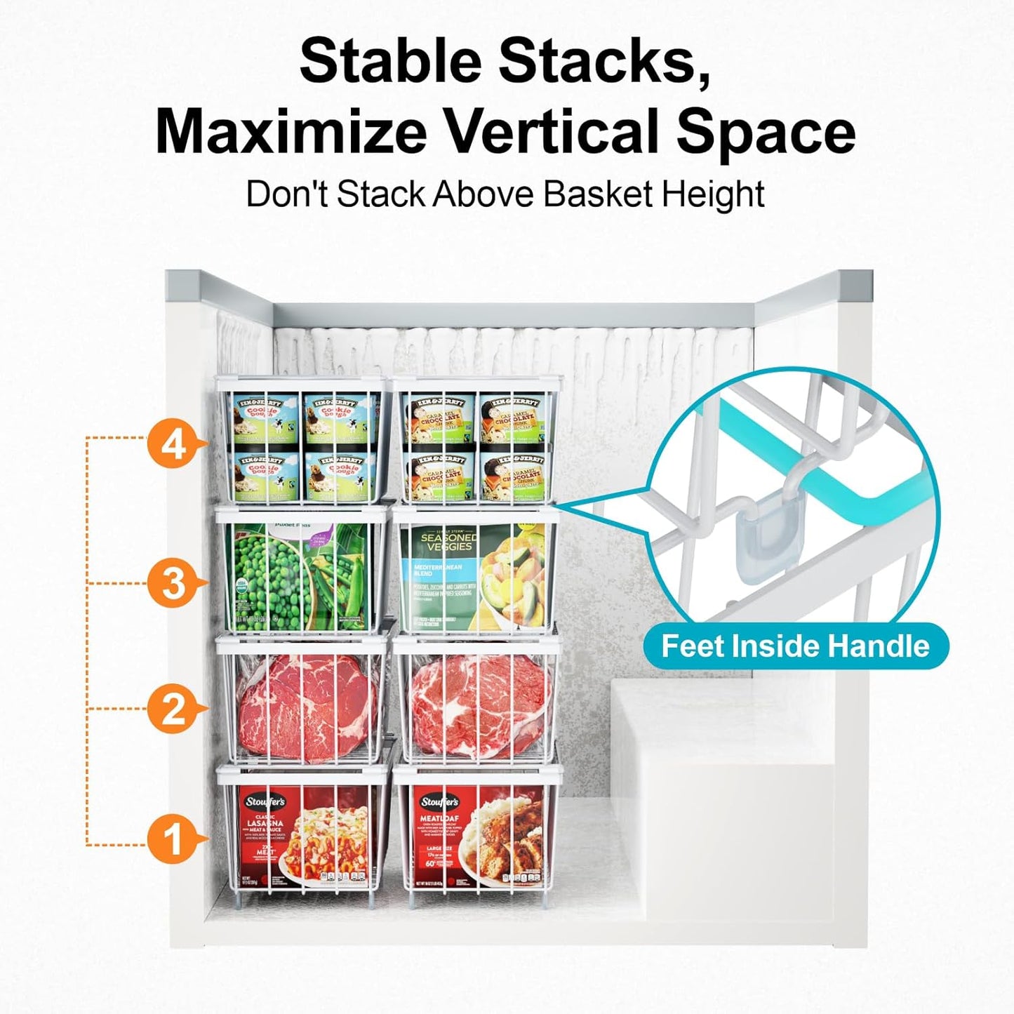 iSPECLE Deep Freezer Organizer Bins, 5 Pack Chest Freezer Baskets for 7 Cu.Ft, Stackable Wire Chest Freezer Organizer Bins for Small Food, Strong Metal with Handles for Meat and Veggies, Black