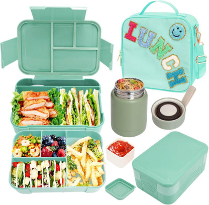 Insulated Lunch Bag for Boys Girls with 10oz Thermo, with 6 Compartment Bento Box, Black Nylon Preppy Lunch Box Adjustable Strap for Boy Girl Kids Teens School Travel Picnic