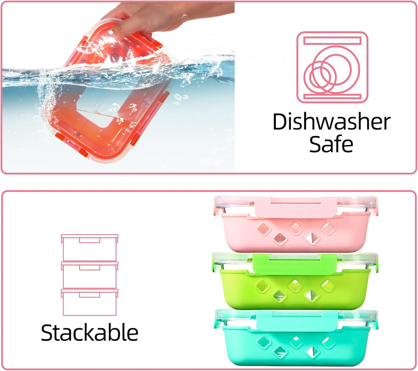 5 Pack Glass Meal Prep Containers 3 Compartment with Lids, Divided Glass Storage Containers with Silicone Sleeve for Lunch, Leak-Proof Portion Control Food Containers, Dishwasher Safe, 34 oz