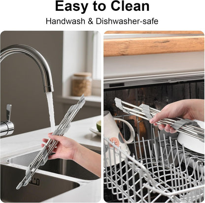 Corner Sink Caddy Triangle Dish Drying Rack for Sink Corner, Sponge Holder Roll Up Dish Drying Rack Over The Sink, Stainless Steel Kitchen Sink Organizer Drainer Mat Sponge Caddy for Counter Storage