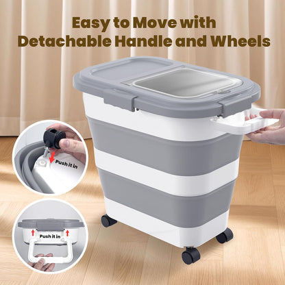 HOYTAMDA 28-40Lbs Rice Container,Collapsible Airtight Food Storage Containers with Wheels,Handle,Rice Storage Container with Small Bin and Scoop,Rice Dispenser for Flour Sugar Cereal Grain Dog Cat