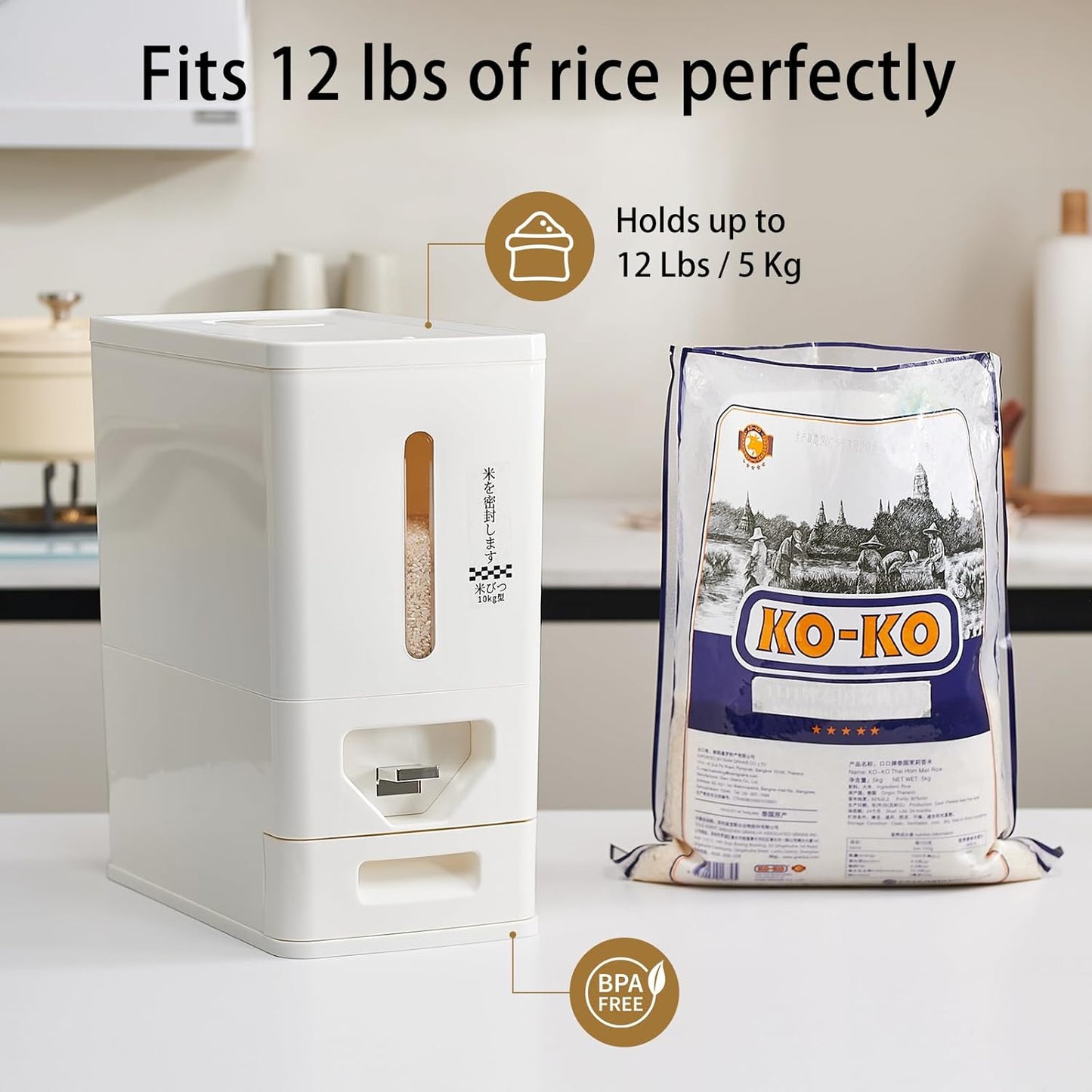 UFORU Rice Dispenser 22-25 Lbs (12kg), Rice Storage Container Sealed Moisture-Proof with Built-in Drawer, BPA-Free for Kitchen Pantry Household, Ideal for Rice, cereals, Beans, and Dry Food