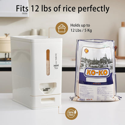 UFORU Rice Dispenser 22-25 Lbs (12kg), Rice Storage Container Sealed Moisture-Proof with Built-in Drawer, BPA-Free for Kitchen Pantry Household, Ideal for Rice, cereals, Beans, and Dry Food