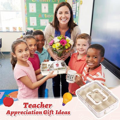 Qunclay 2 Set Teachers Appreciation Gift Boxes Container Divided Serving Tray with Lid and Handle Snack Organizer with Apple Cards and Ribbon for National Teacher Week Appreciation End of Year Gifts