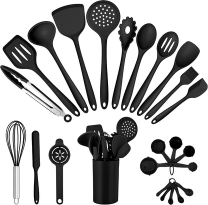 E-far Silicone Cooking Spoon Set of 2, Heat Resistant Kitchen Spoons Utensils Nonstick Mixing Spoon for Baking Stirring Serving, Non-Toxic & Dishwasher Safe (Black)