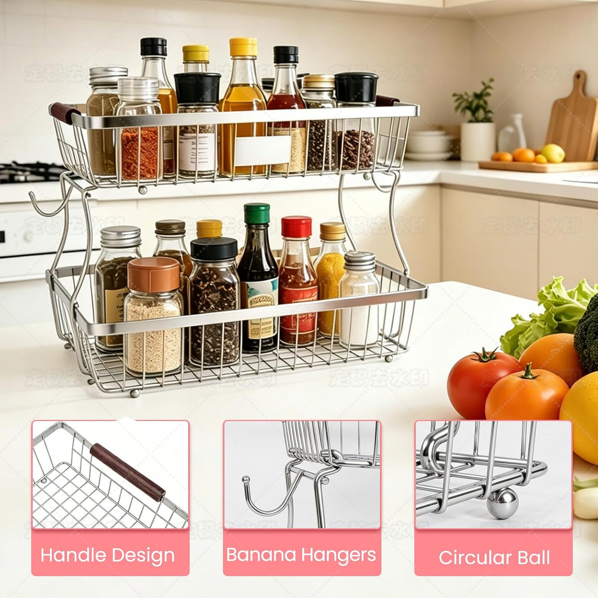 2-Tier Stackable Wire Basket with 2 Banana Hooks, Pantry Organizer for Kitchen Countertops, Cabinets & Under-Sink Spaces; Ideal for Storing Snacks, Fruits, Veggies, Onions, Potatoes, & More,Black