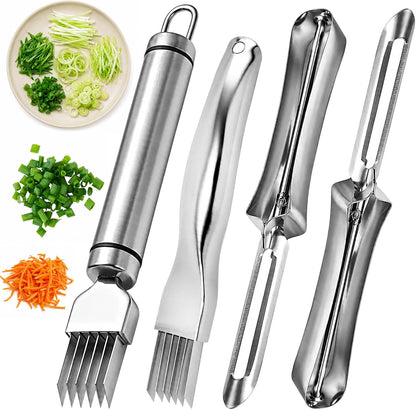 4PCS Green Onion Slicer Set, Scallion Shredder and Green Onion Cutter, Efficient Vegetable Shredder Tool with Two Straight Peelers for Kitchen Food Preparation, Durable Shredding Knife