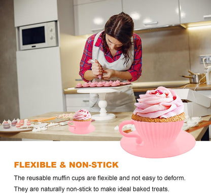 Silicone Cupcake Liners, 16 Pcs Silicone Muffin Cups for Baking, Reusable Muffin Liners, Teacup Cupcake Baking Cups, 8 Cups & 8 Saucers, Pink