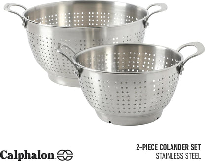 Calphalon Astro Colander Set, 2-Piece Stainless Steel Colander and Strainer, 5 QT & 1.5 QT Pasta Strainer with Handles, Matte Finish Kitchen Colander, Silver