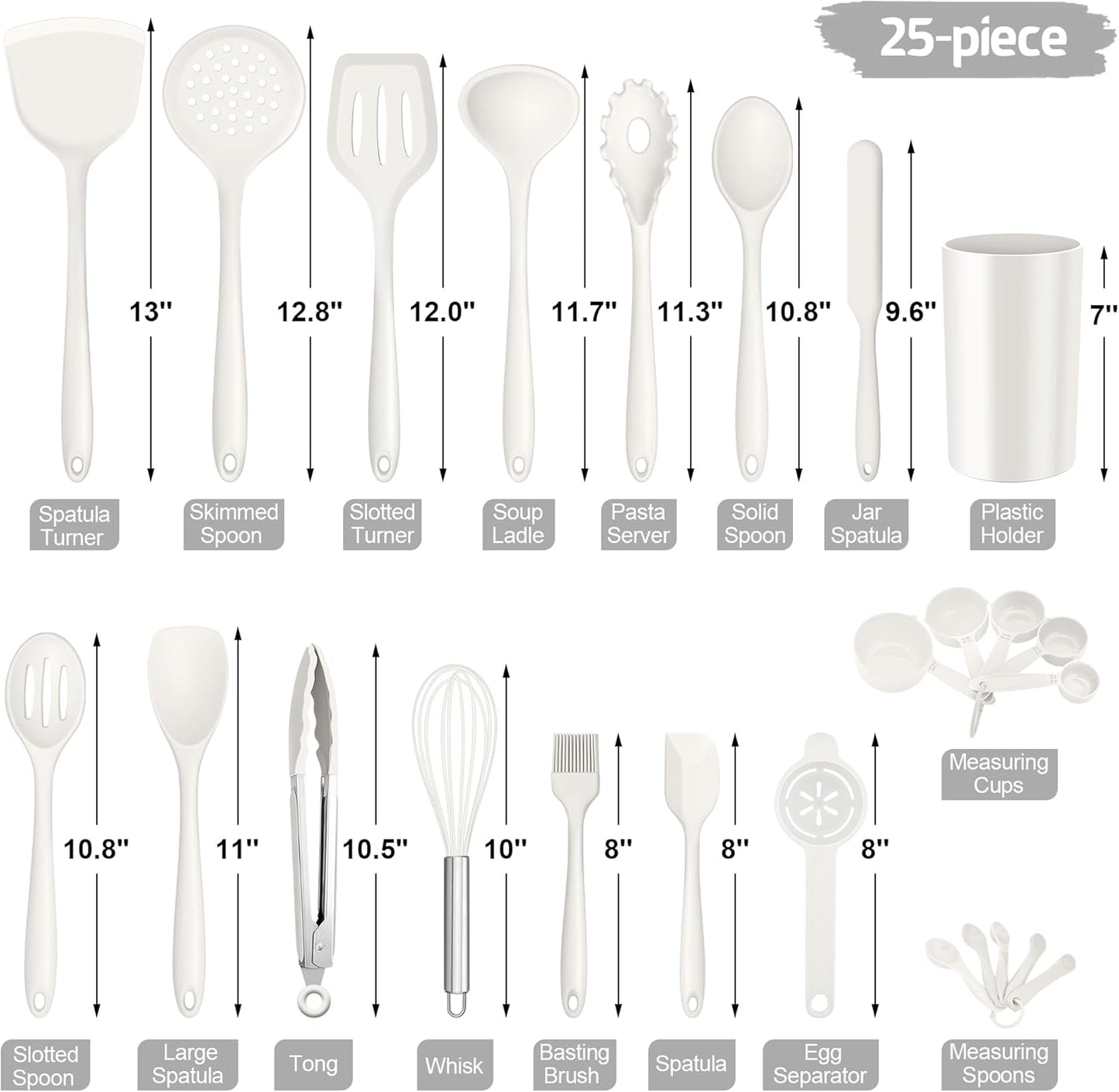 E-far Silicone Cooking Utensils Set, 25 Piece Kitchen Utensils with Holder, Non Toxic Kitchen Tools Spatula, Turner, Spoon, Ladle for Nonstick Cookware, Heat Resistant & Dishwasher Safe - Black
