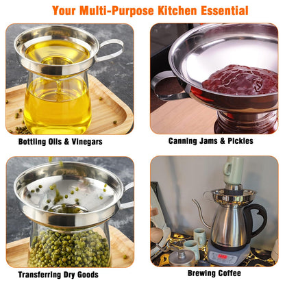 3-Piece Canning Funnel Set with Mesh Strainer - Wide & Regular Mouth Mason Jar Funnels (Large & Small) - for Kitchen, Jam, Spices, Flour & DIY - Stainless Steel