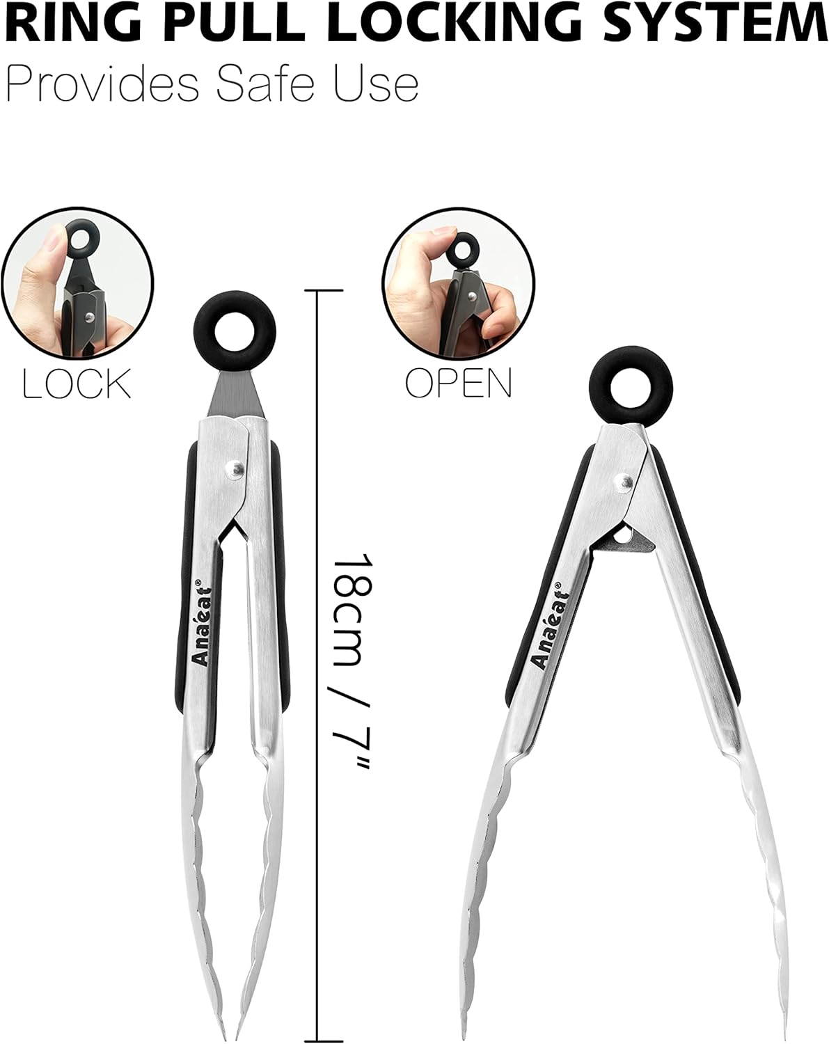 Anaeat Premium Kitchen Locking Tong Set of 3 - Heavy Duty Stainless Steel Food Tongs with Long Handle & Non-Slip Silicone Grip for Cooking, Baking, Grilling - Heat Resistant up to 480°F