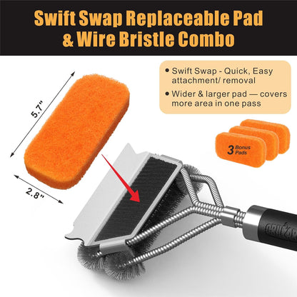 GRILLART Grill Brush [Bristle Free Pad & Wire] Combined BBQ Brush, Safe & Powerful Grill Cleaning Brush - 18" Grill Cleaner Brush Scrubber for Gas/Porcelain/Charbroil Grates – Gifts for Men/Dad
