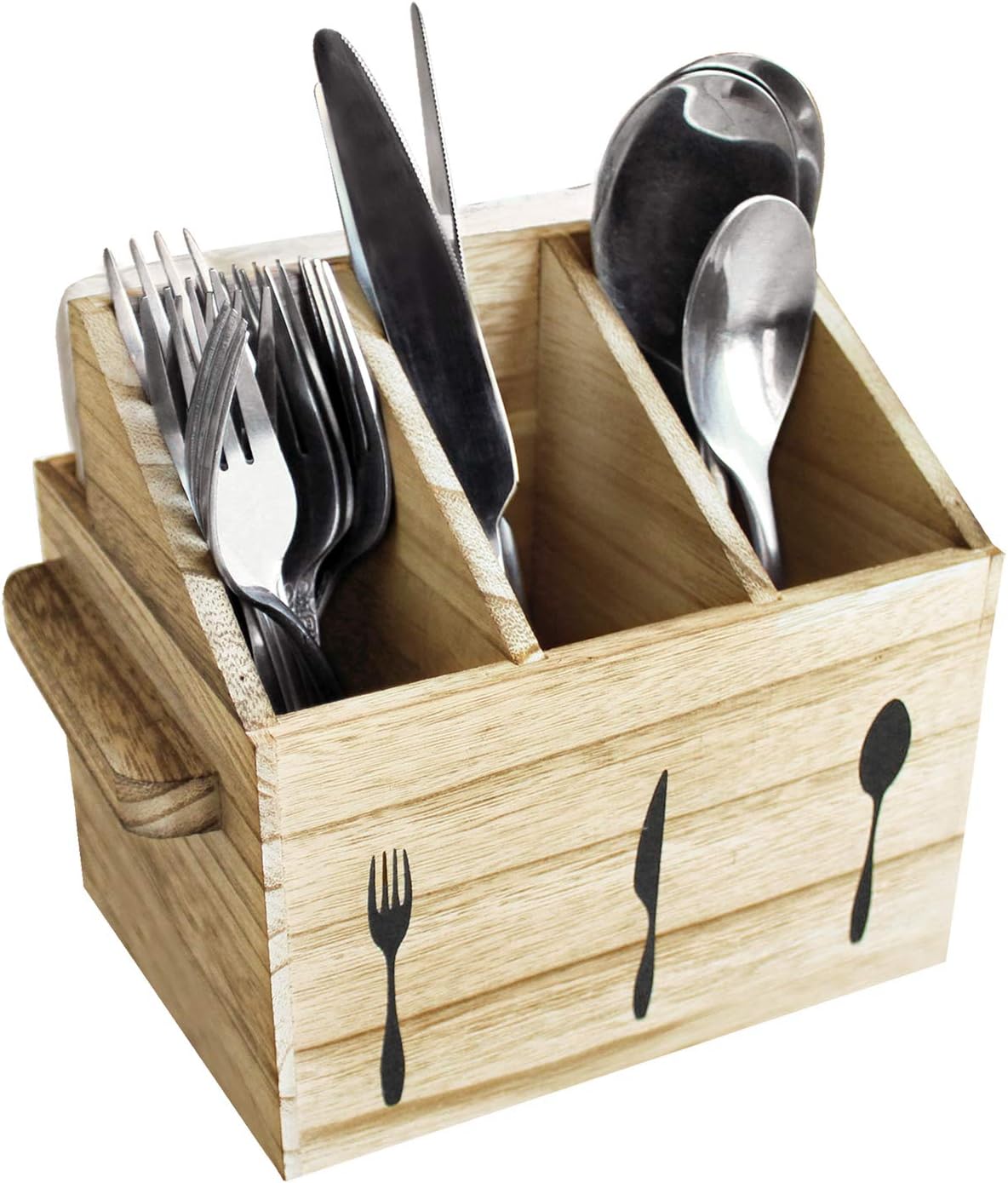 Ikee Design Wooden Utensil Caddy with Handles, Silverware Caddy, Silverware Holder for Countertop,Party,Camping and Kitchen, Silverware Organizer, Picnic Cutlery Holders, White Color