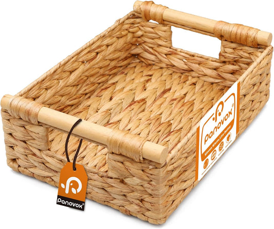 Water Hyacinth Wicker Basket, 13.39*9.45*4.65 Inch Woven Basket with Handles, Wooden Handles Wicker Storage Basket, Rattan Basket for Decorative Baskets, Pantry, Shelves, Gift, Toys - Medium