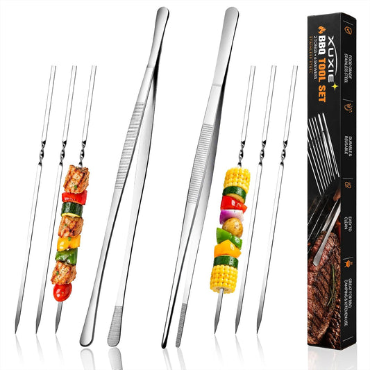 2 Pcs Cooking Tweezers, 12" Kitchen Tweezers Tongs with 6 Pcs BBQ Skewers