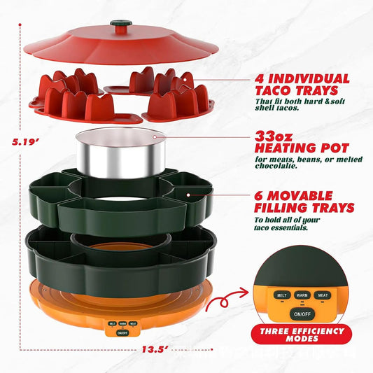 Taco Tuesday Kit, 33Oz Heated Pot Taco Bar Serving Set for A Party with 4 Taco Holders, & Detachable Lazy Susan Tray Unique Couple & Housewarming Gift Set Ideas