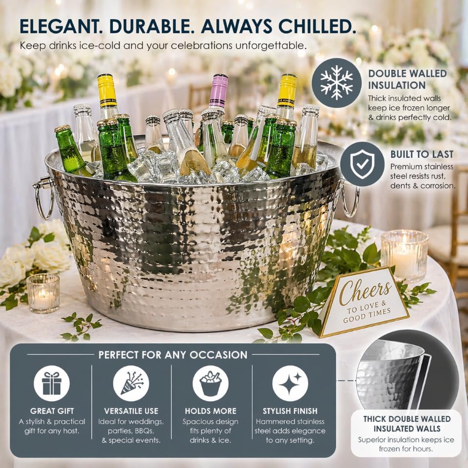 BREKX 6.25 Gallon Large Stainless Steel Bucket for Parties, Double-Walled Insulated Anchored Drink Tub & Ice Bucket with Double Hinged Handles, Silver, Extra Large
