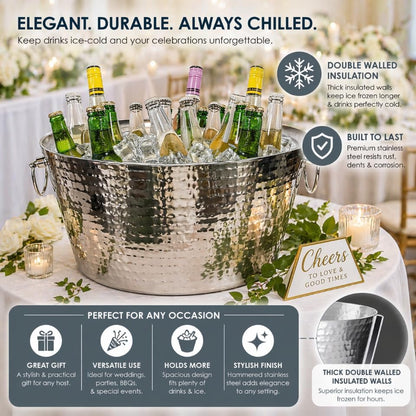 BREKX 6.25 Gallon Large Stainless Steel Bucket for Parties, Double-Walled Insulated Anchored Drink Tub & Ice Bucket with Double Hinged Handles, Silver, Extra Large