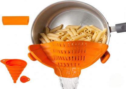 Clip On Strainer Silicone for Pots and Pans, Universal Fit Pasta Strainer and Pot Colander, Space Saving Food Drainer with Collapsible Funnel and Garlic Peeler, 3 Pcs Set, Gray