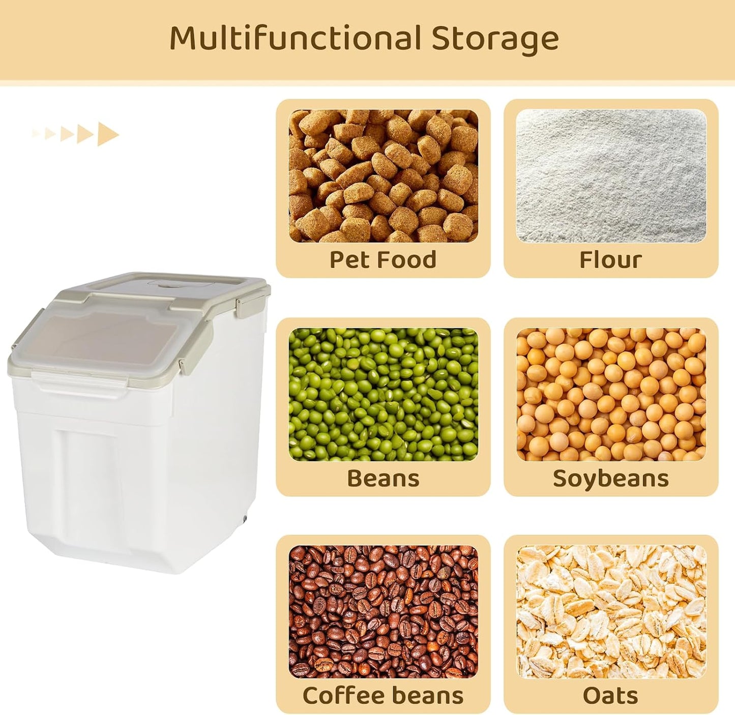 Rice Storage Container 25 lbs, Grey, 2 Pack | Airtight, with Wheels, Locking Lid, Measuring Cup Included, for Flour Sugar Grain Cereal