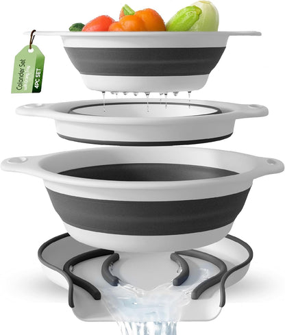 Gevoli 3-Pack Collapsible Colanders with Self-Draining Base, Over Sink-edge Silicone Food Strainers, Small/Med/Large Sizes, Nesting for Easy Compact Storage (3Qt, 4Qt, 5-Quart Set) Green/Gray