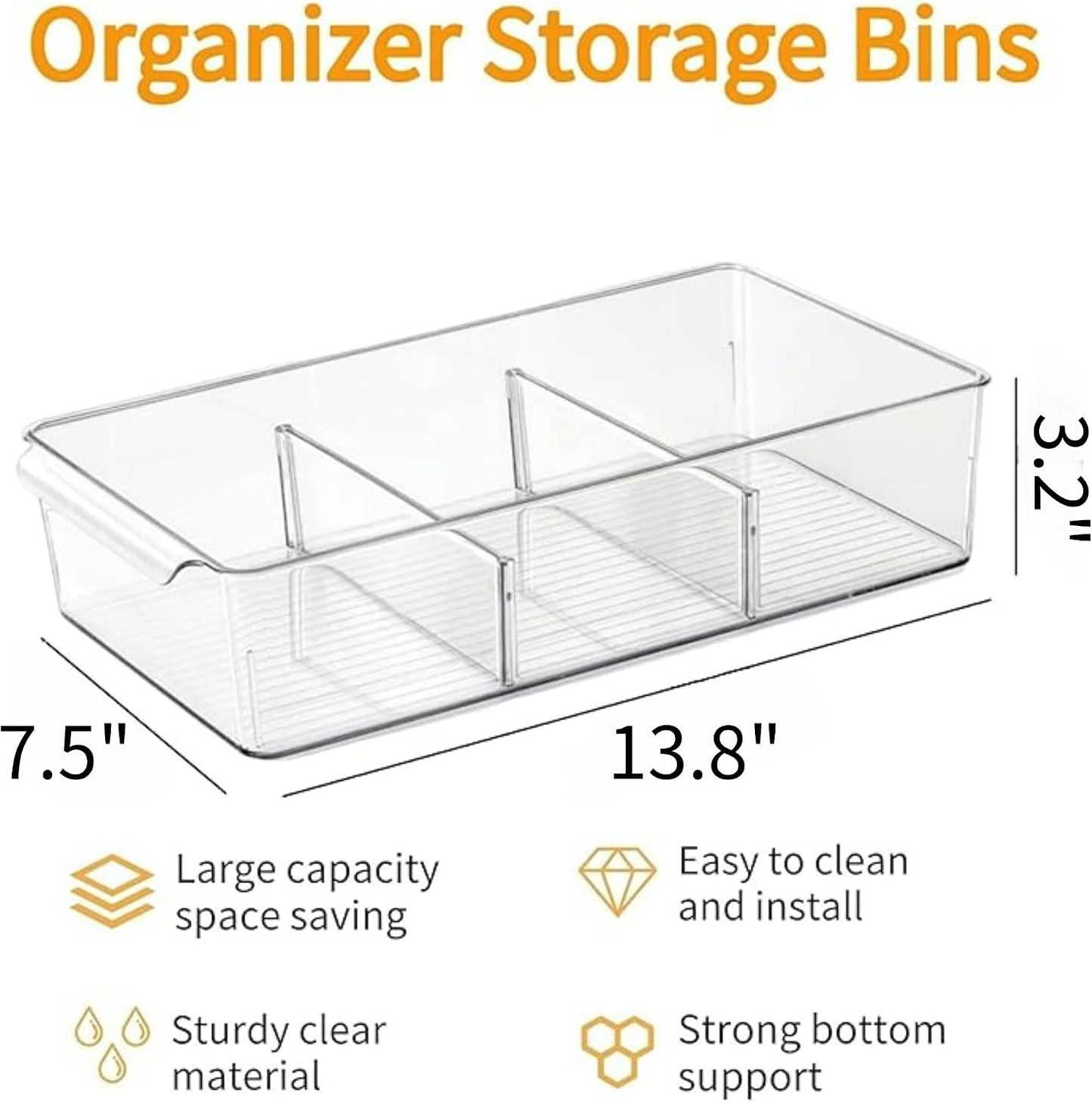 vacane Plastic Pantry Organization and Storage Bins with Removable Dividers, Pantry Organization Refrigerator Organizer Bins, Cabinet Organizers, 2 Pack 13.8" XL
