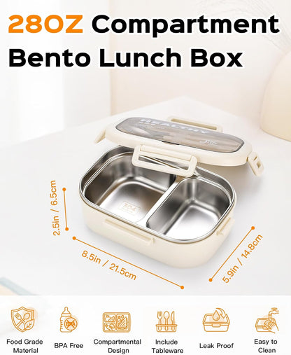 Lille Home 28oz Stainless Steel Leakproof 2-Compartment Bento Lunch Box/Portion Control Food Container with Lunch Bag and Cutlery Set, BPA Free (pink)