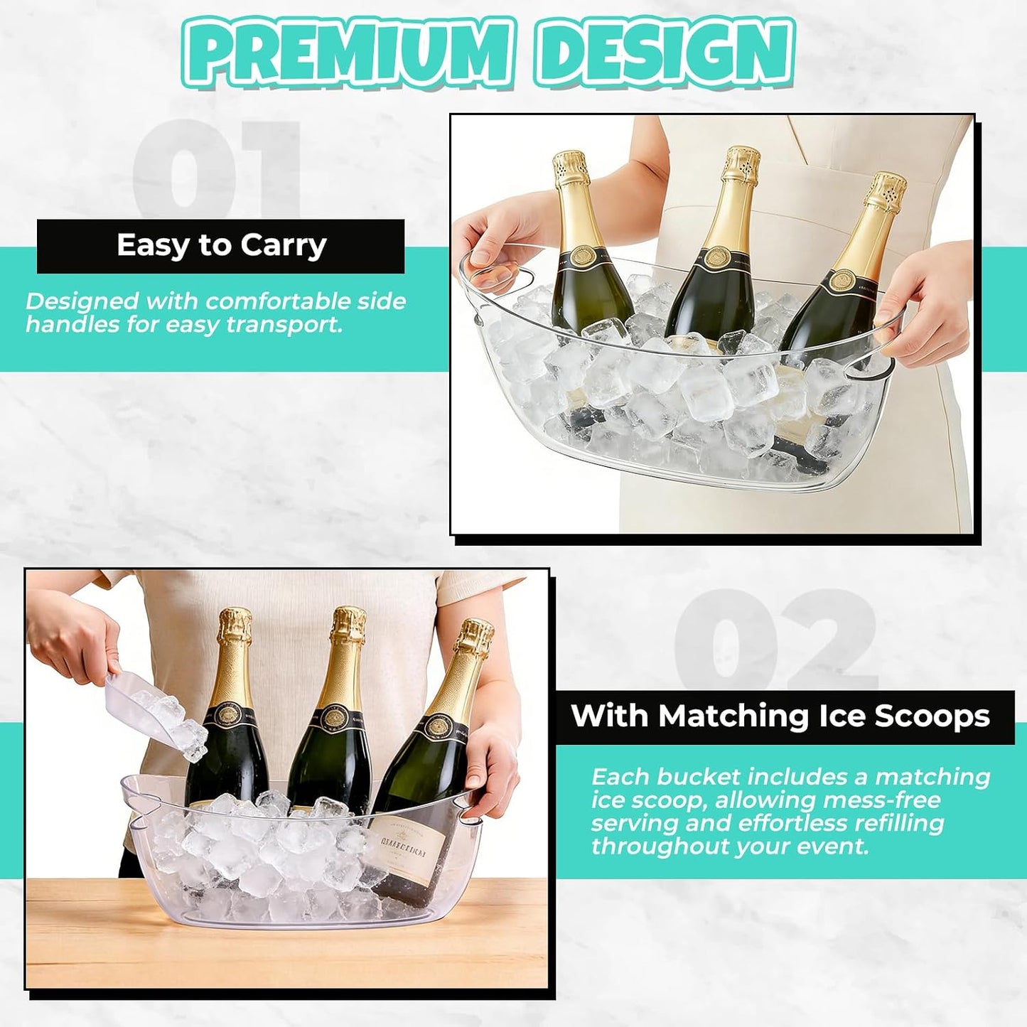 Ice Buckets 2-Pack, 5L Large Clear Acrylic Beverage Tubs with Scoops, Plastic Champagne Wine Beer Cooler for Parties, Mimosa Bar, Cocktail & Outdoor Events, Beverage Cooling Buckets