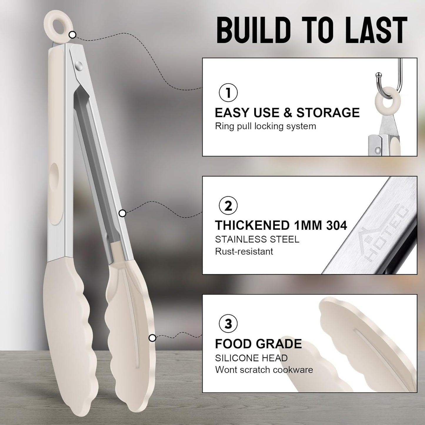 HOTEC Premium Stainless Steel Locking Kitchen Tongs with Silicon Tips, Set of 2-9" and 12"