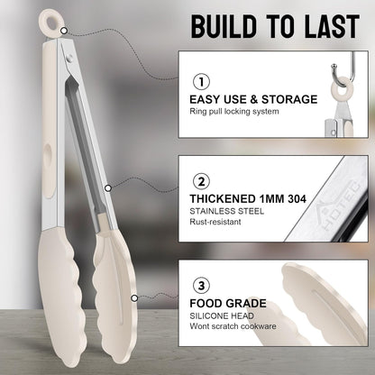 HOTEC Premium Stainless Steel Locking Kitchen Tongs with Silicon Tips, Set of 2-9" and 12"