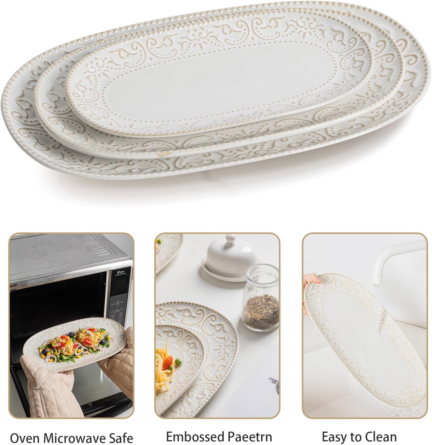 Oval Serving Platter, 14"/12"/10" Ceramic Serving Platters, Embossed White Serving Plates, Stackable Porcelain Tray for Appetizer, Dessert, Pasta, Sushi, Oven Dishwasher Safe, Set of 3, Family Dining