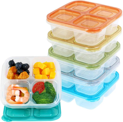 Finorder 6 Pack 4-Compartment Snack Containers, Reusable Food Containers for Kids School, Adults Office, Picnic Trip, Lunch Bento Box Meal Prep Containers (Bright Color Set)