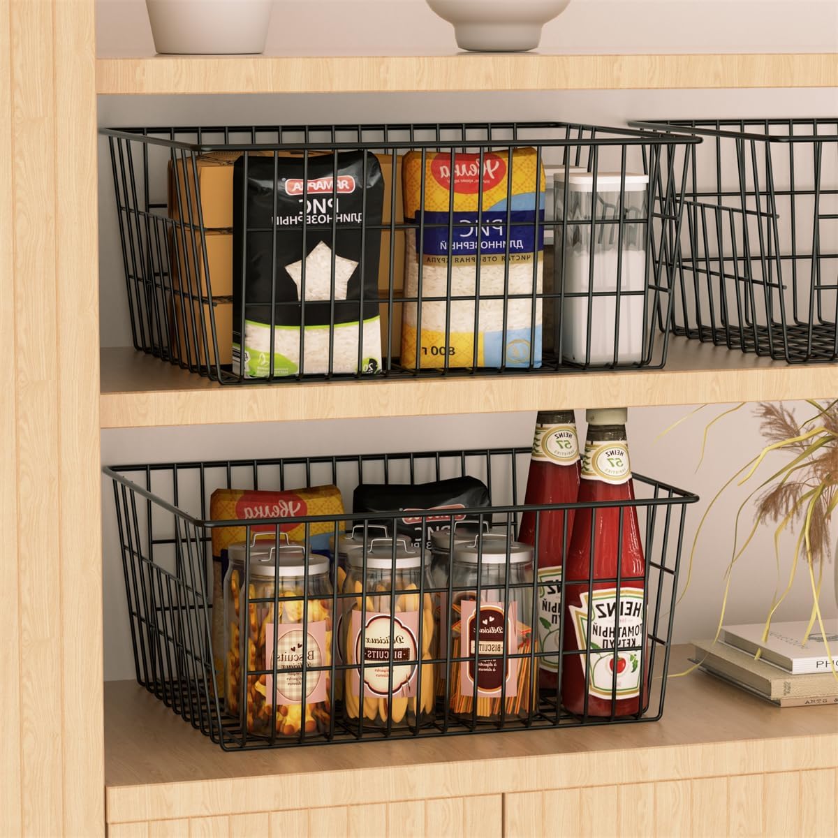 SANNO Freezer Baskets for Storage Pantry Large Metal Wire Food Storage Organizer Bin Basket with Handles - for Kitchen Cabinets, Pantry, Bathroom, Laundry Room, Closets, Garage - Chrome，2 pack
