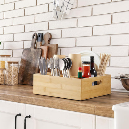 Acacia Wood Utensil Holder for Party, 6-Compartment Paper Plate and Silverware Organizer with Handles, Rustic Utensil Caddy for Parties, Outdoor Gatherings, and Kitchen Countertop Organization