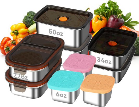 YUANYE 9 Pack 50/34/27/6oz Stainless Steel Food Storage Containers Sets, Leak-Proof Airtight Lunch Box with Lids, Small Snack Containers Oven/Dishwsher/Freezer Safe for Meal Prep, School, Work, Picnic
