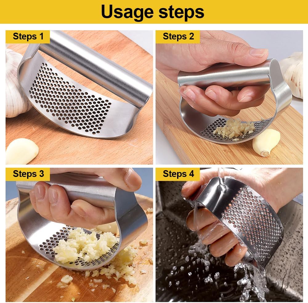 Garlic Press Rocker - 2024 NEW Stainless Steel Garlic Mincer Garlic Crusher with Peeler, New Innovative Garlic Chopper with Peeler and Scraper for Smash Garlic (Black)
