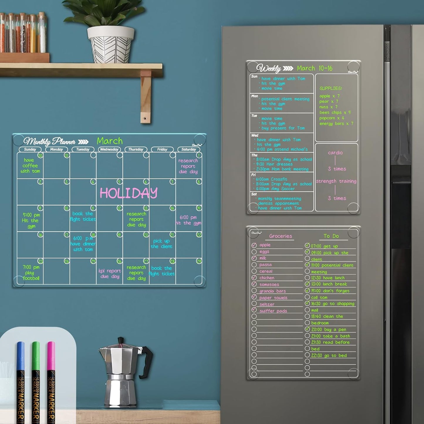 Clear Non-Magnetic Meal Planner Set for Fridge - Dry Erase Transparent Menu and List Board - Sticks to Wall, Glass, Door, Any Smooth Surfaces