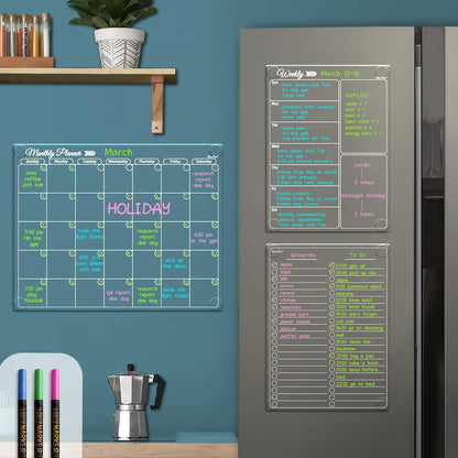 Clear Non-Magnetic Meal Planner Set for Fridge - Dry Erase Transparent Menu and List Board - Sticks to Wall, Glass, Door, Any Smooth Surfaces