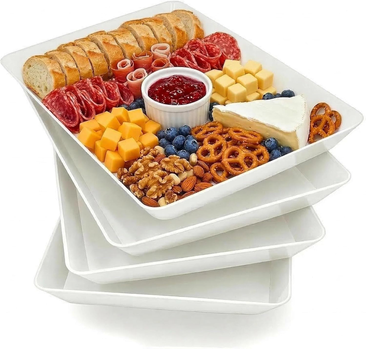 Serving Tray Platter, 4 Pack Food Tray for Veggie Fruit Snack Dessert Cookie Cheese, Food Trays for Party Supplies Display, Plastic Platters for Serving Food, Large White Trays, BPA Free