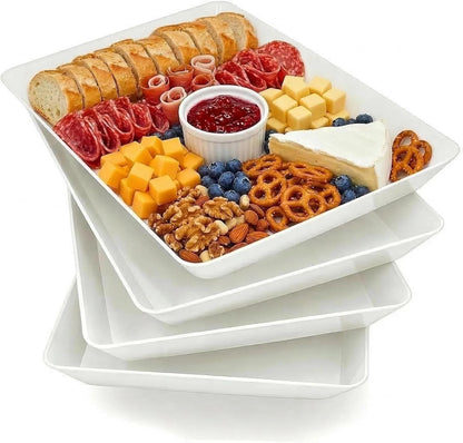 Serving Tray Platter, 4 Pack Food Tray for Veggie Fruit Snack Dessert Cookie Cheese, Food Trays for Party Supplies Display, Plastic Platters for Serving Food, Large White Trays, BPA Free
