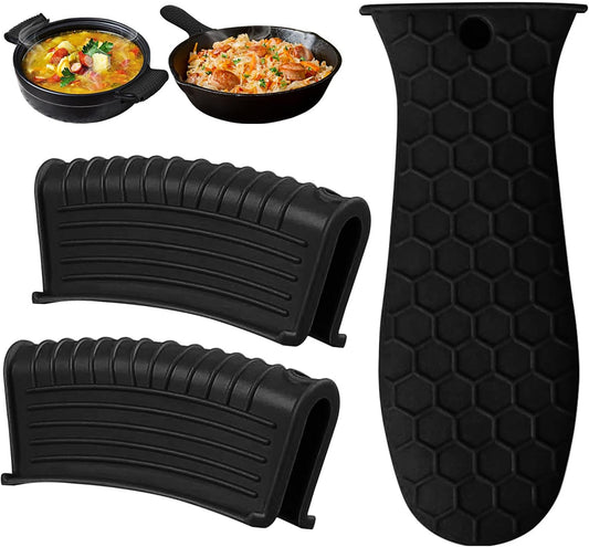 3 Piece Silicone Cast Iron Handle Cover with Pot Handle Covers Set，Cast Iron Handles Sleeve (Black-Small)