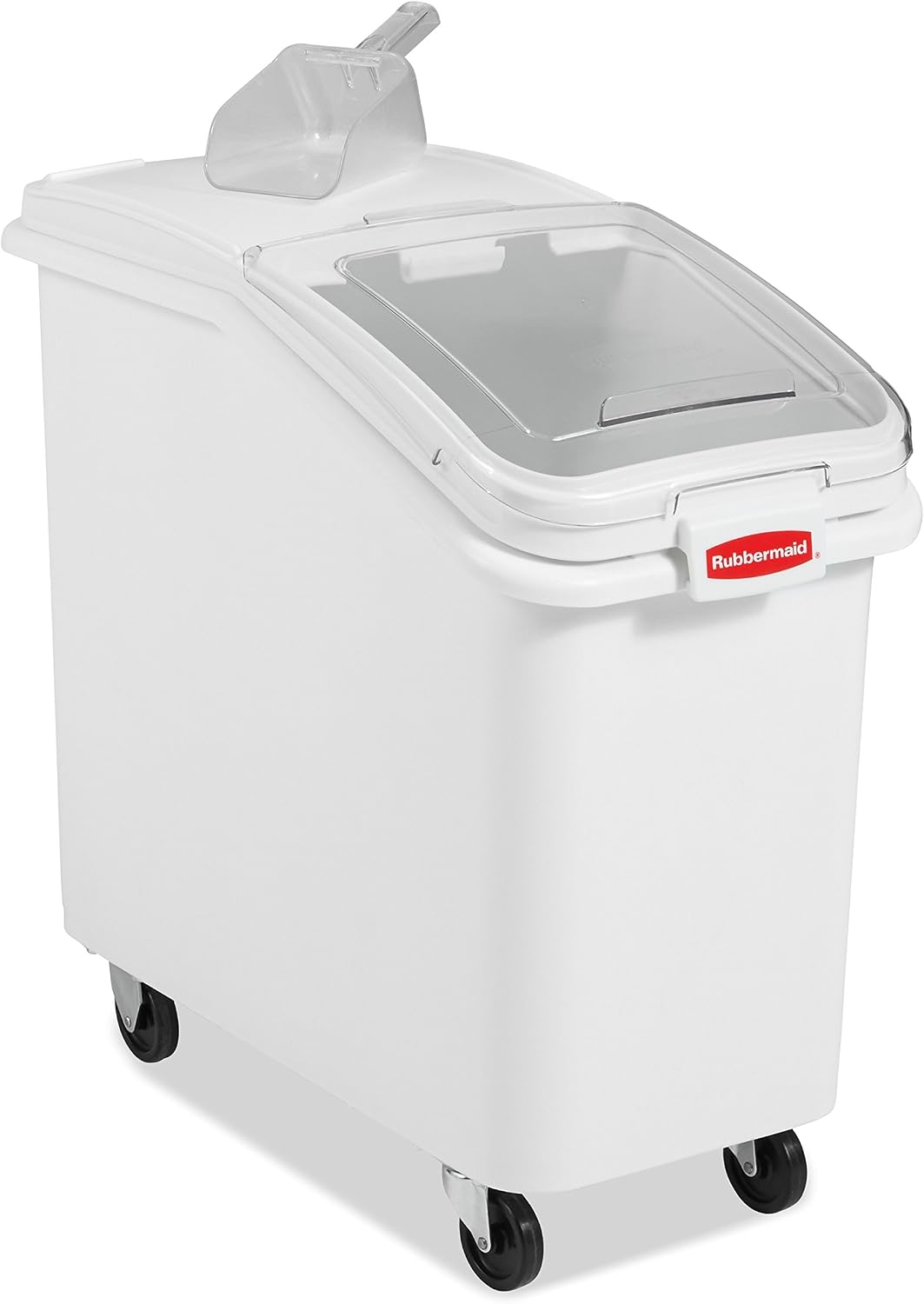 Rubbermaid Commercial Products ProSave Shelf-Storage Ingredient Bin With Scoop, 600-Cup capacity, Plastic, White, Sliding Lid, Container with Wheels for Kitchen/Restaurant Food Organization
